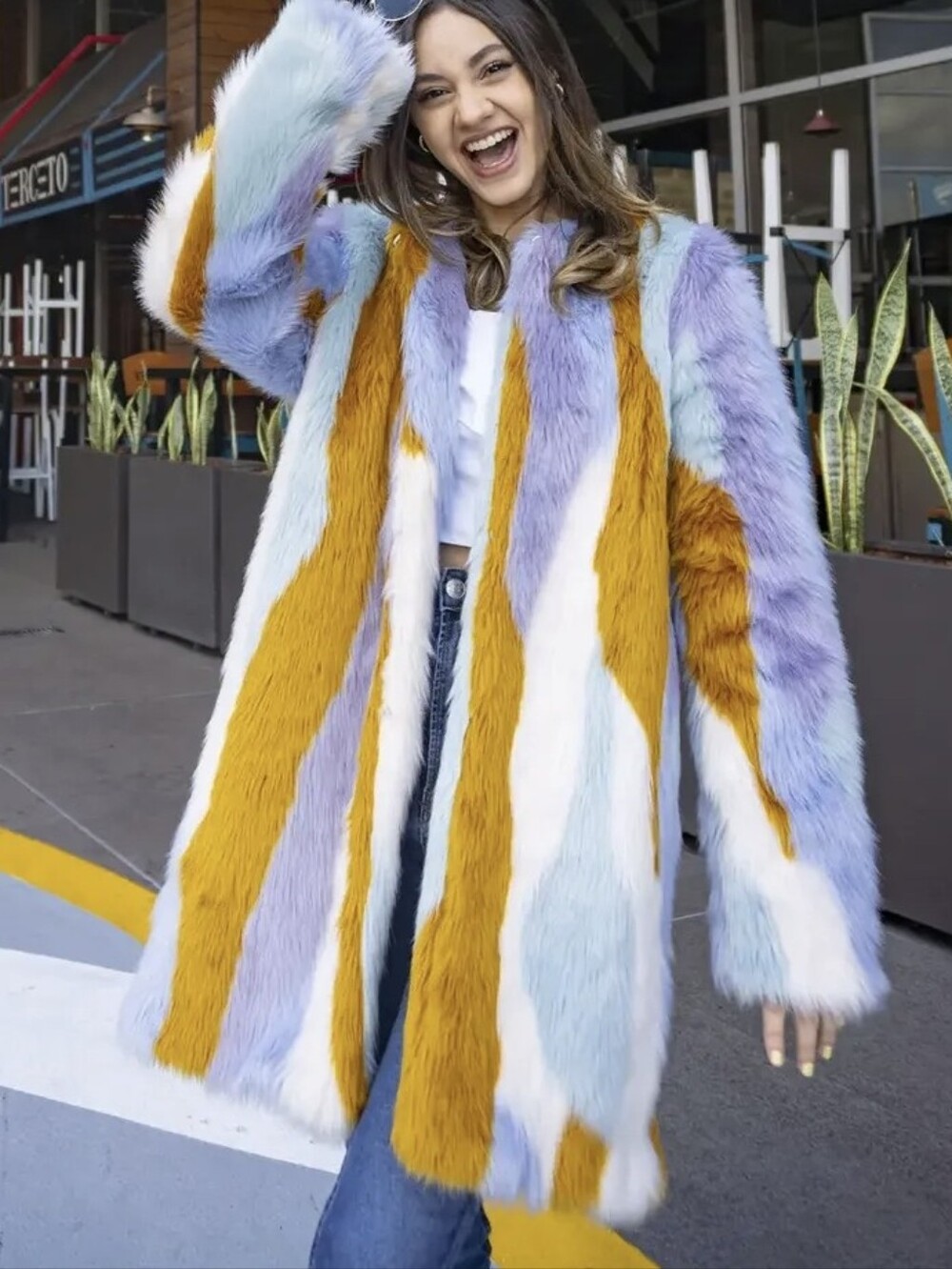Forever 21 Trippy Faux Fur Rainbow Colorful Festival Rave Jacket Med